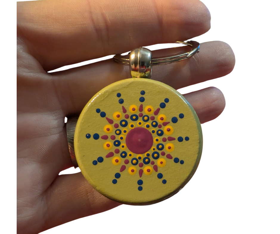 Blue Starburst Mandala Dot Keychain