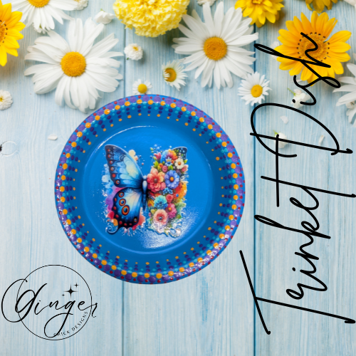 Blue Butterfly with Flowers Trinket Dish