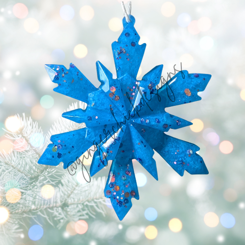 Blue with Pink Glitter Resin Snowflake Ornament