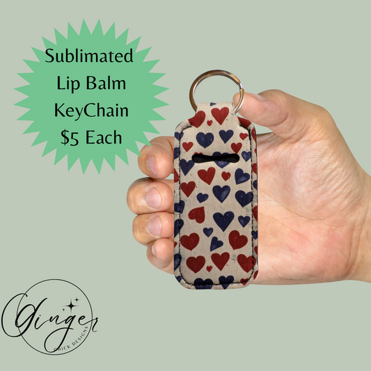 Hand holding a keychain with heart pattern and text about sublimated lip balm keychain pricing.