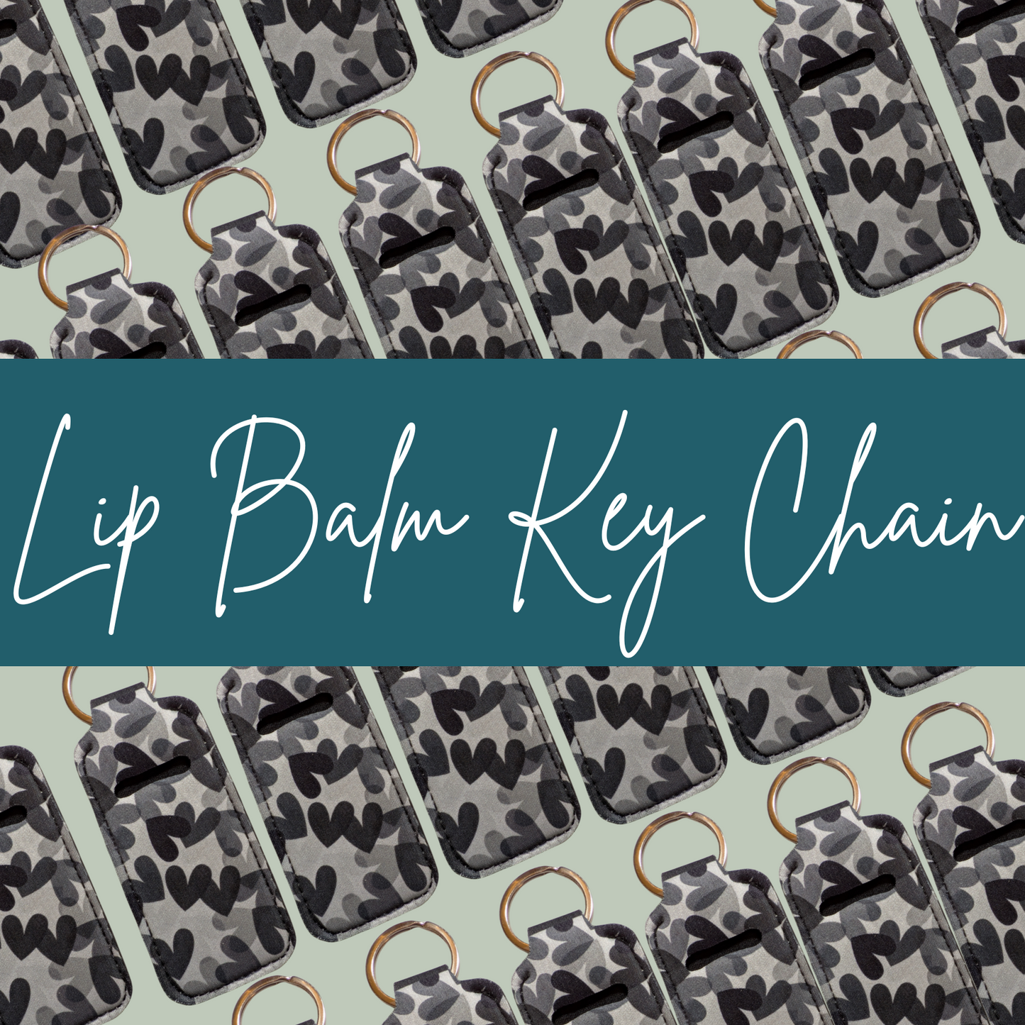 Lip balm key chains with camouflage pattern on a light green background