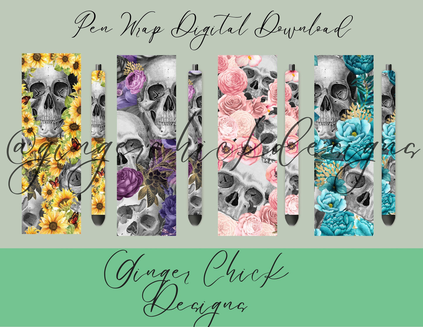 Pen Wraps | Pen skins | Skulls and Roses | 4 designs | PNG/JPEG