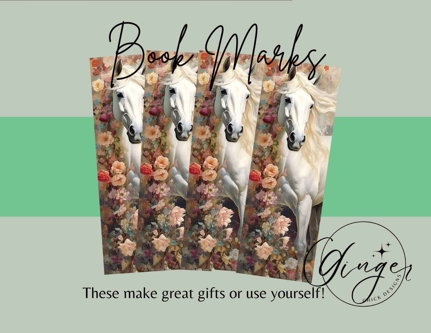 White Horse with Flowers Bookmark