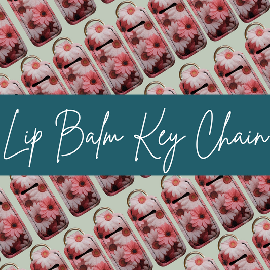 Pattern of lip balm key chains with floral design on a light green background, text 'Lip Balm Key Chain' in teal banner.