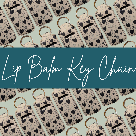 Pattern of lip balm key chains with a text overlay on a light green background