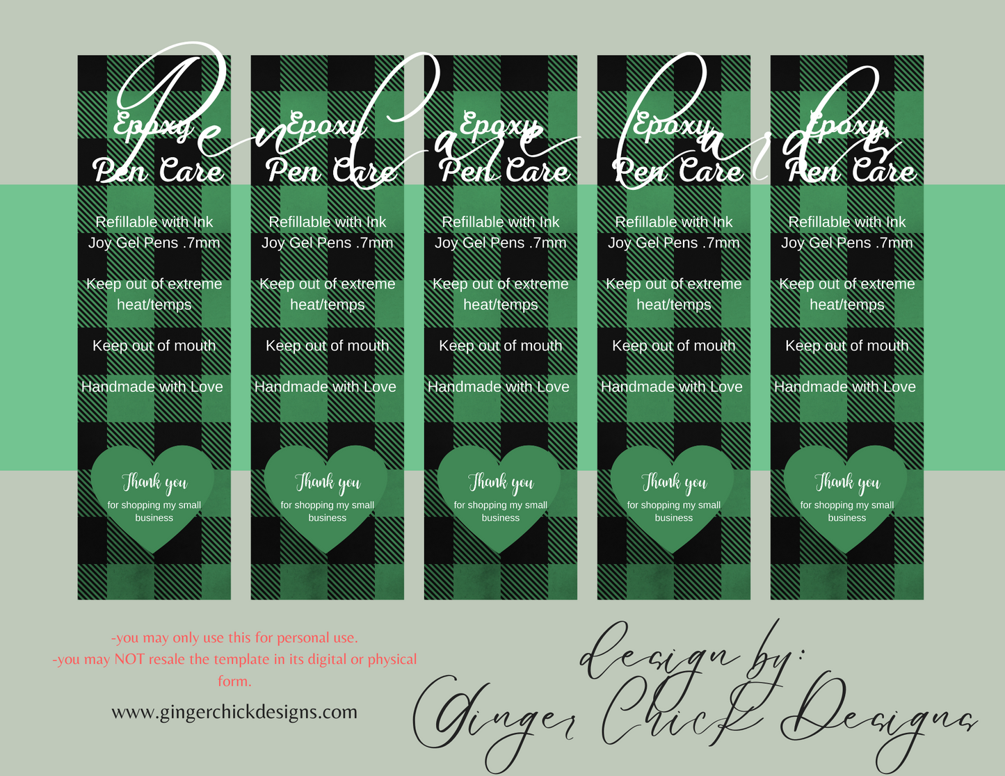 Green Plaid Pen Care Card