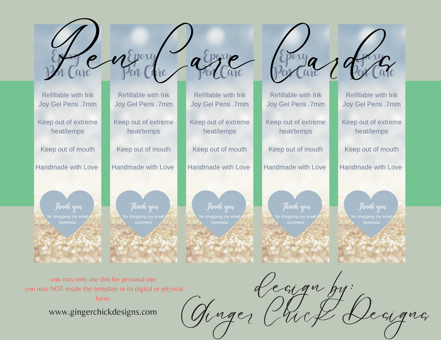 Gold Glitter Pen Care Card