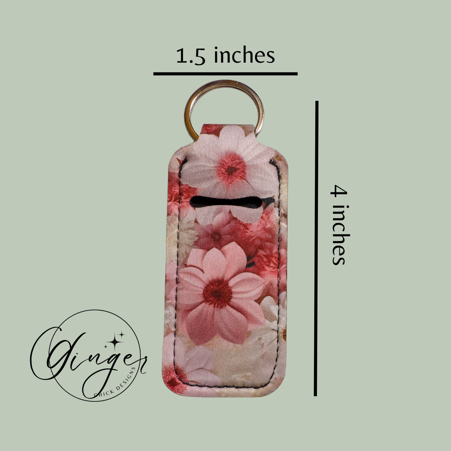 Floral keychain with dimensions on a light green background