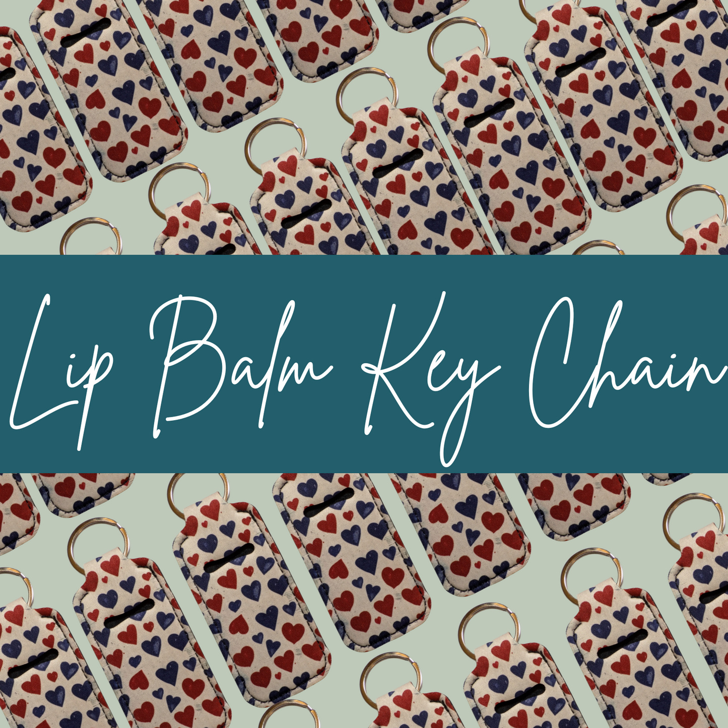 Lip balm key chains with heart pattern on a light blue background