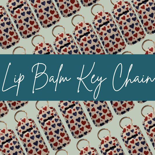 Lip balm key chains with heart pattern on a light blue background