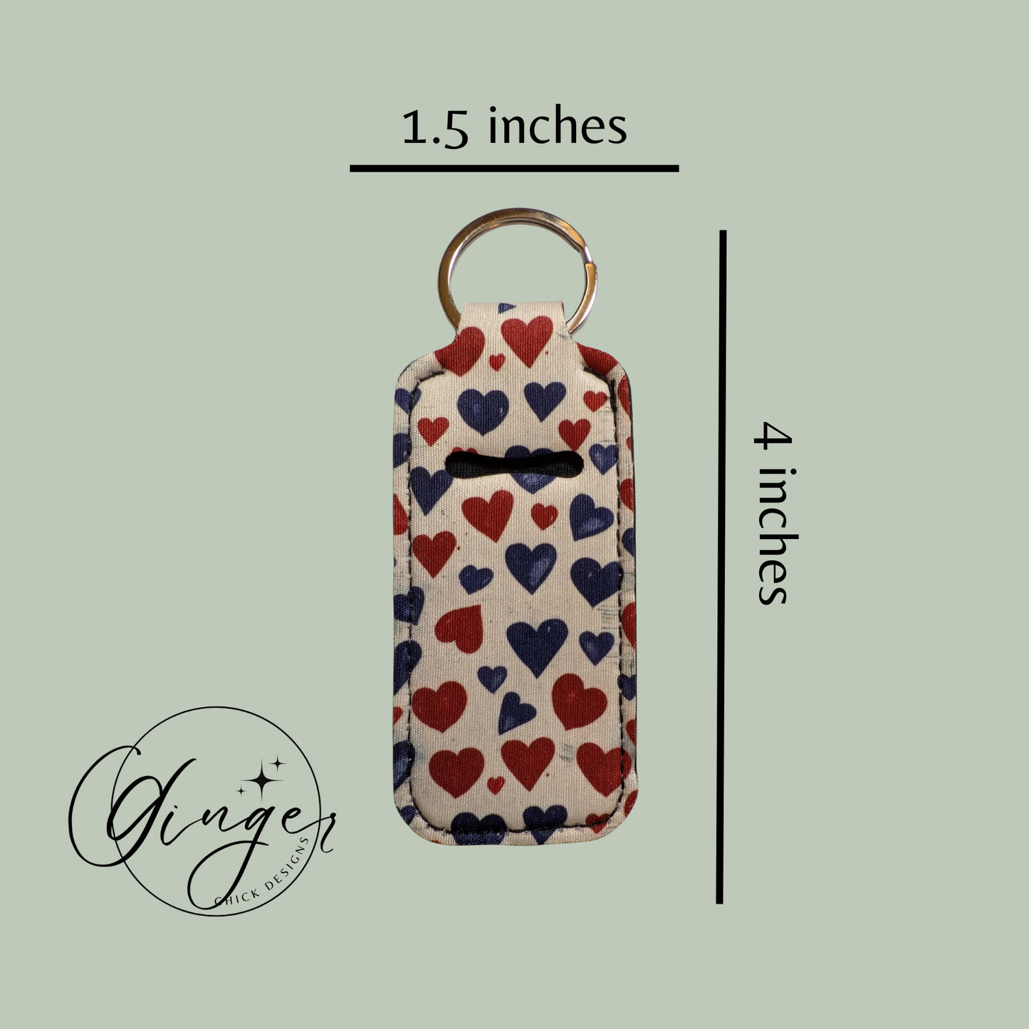 Keychain with heart pattern and measurements on a light green background