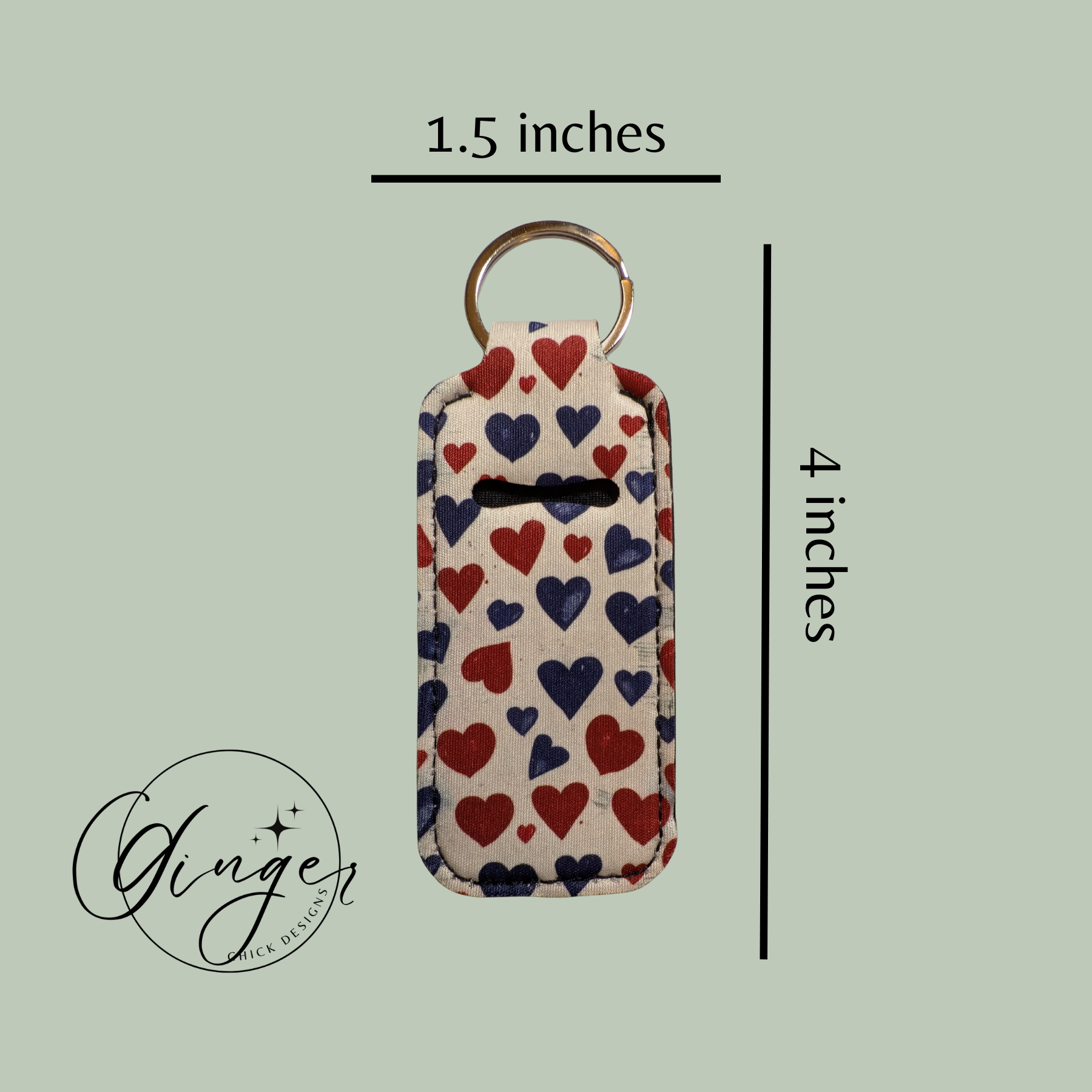 Keychain with heart pattern and measurements on a light green background