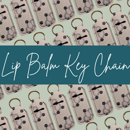 Pattern of lip balm key chains with a teal banner displaying 'Lip Balm Key Chain'.