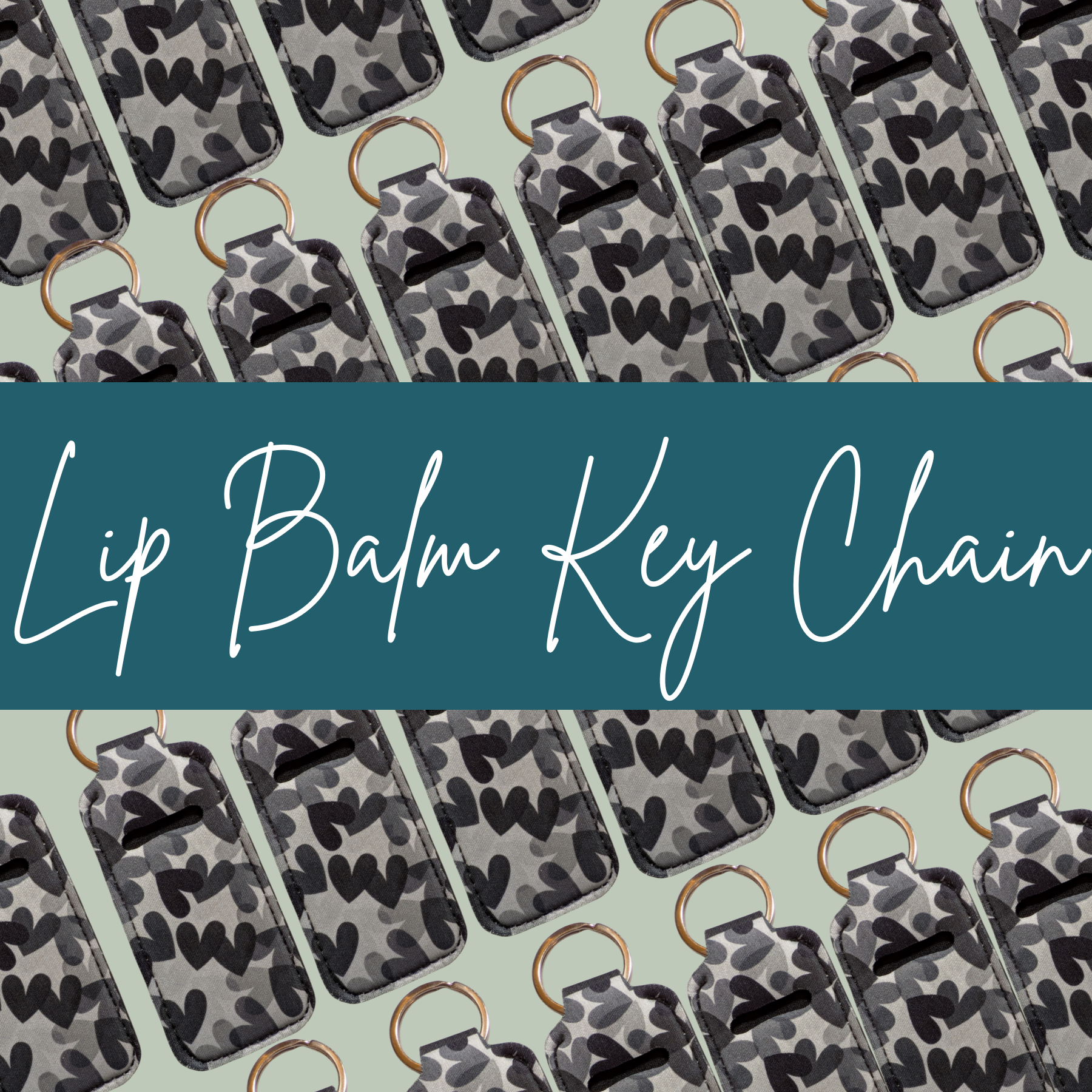 Lip balm key chains with camouflage pattern on a light green background