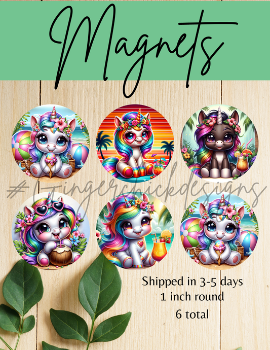 Unicorns Button Magnets - Set of 6 (1-Inch Each)