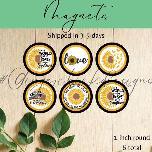 Sunflower Button Magnets - Set of 6 (1-Inch Each) - Vibrant and Fun Fridge Magnets