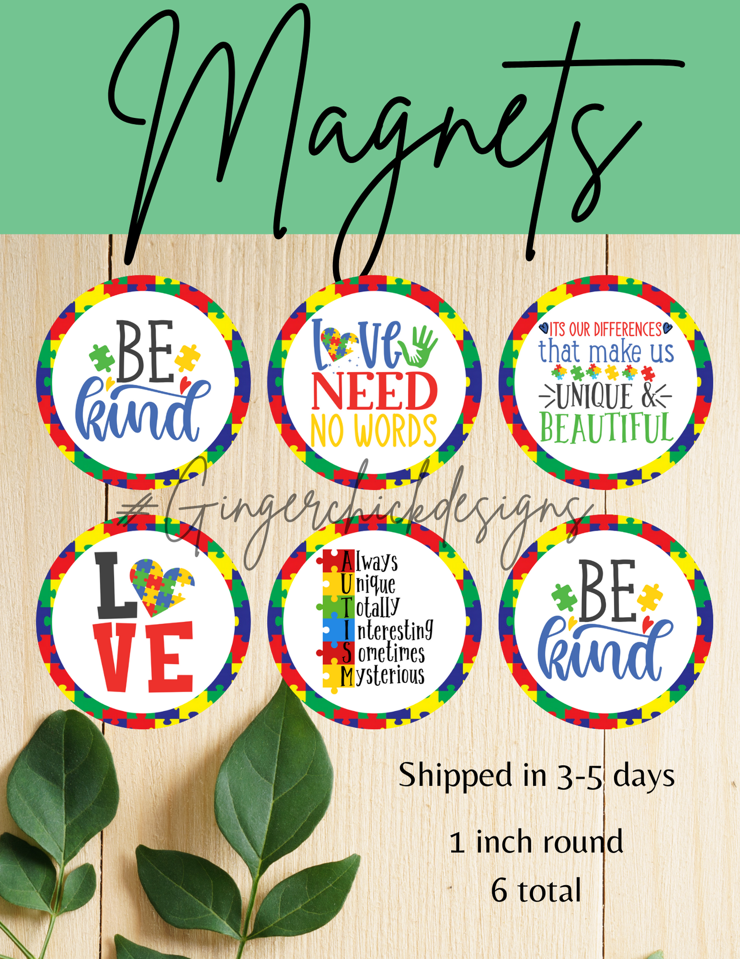 Autism Button Magnets - Set of 6 (1-Inch Each) - Vibrant and Fun Fridge Magnets