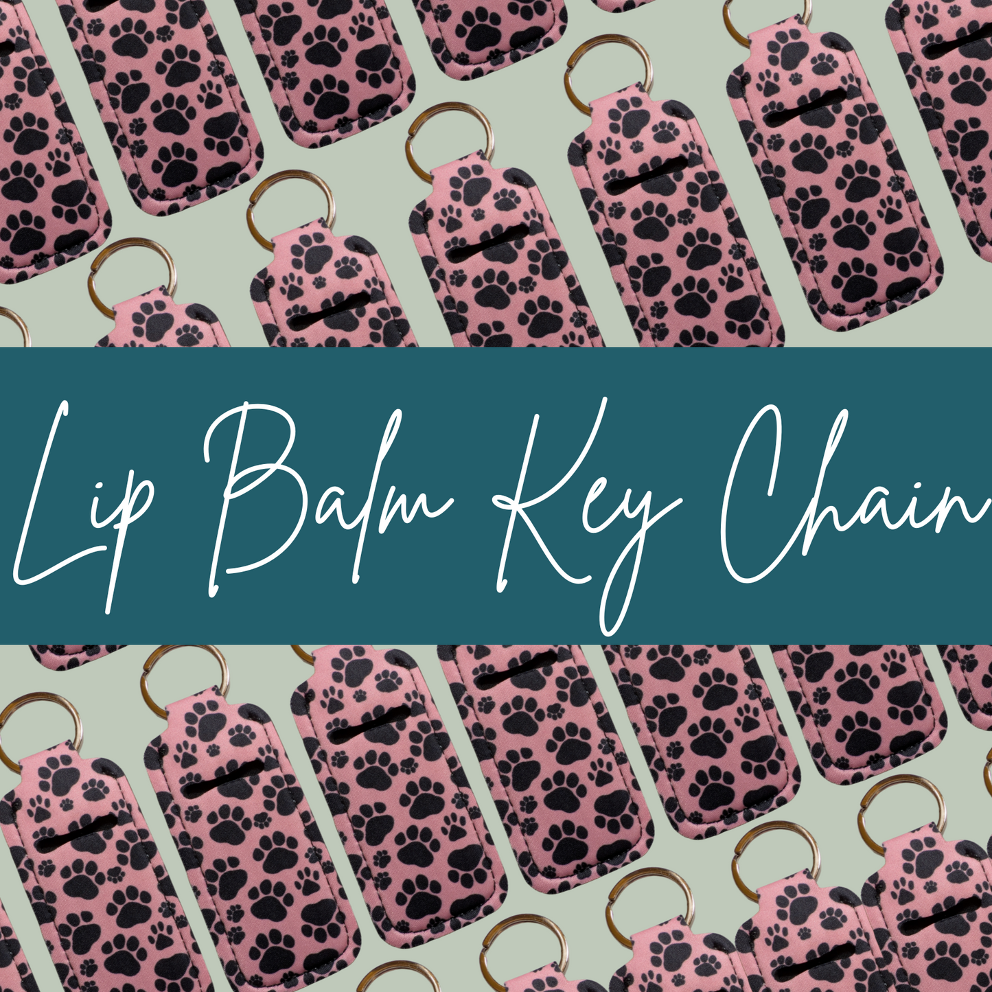 Lip balm key chains with paw pattern on a light green background