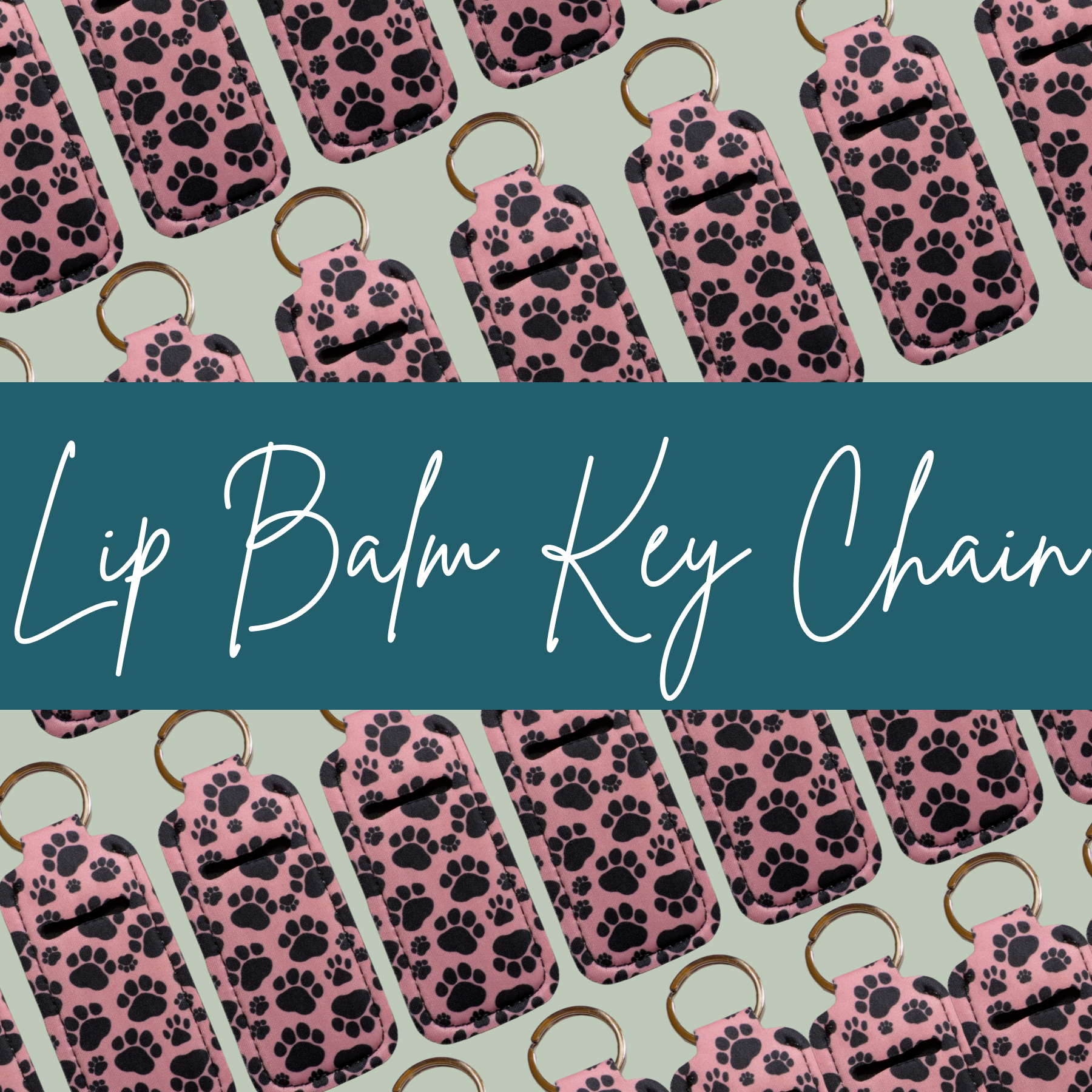 Lip balm key chains with paw pattern on a light green background
