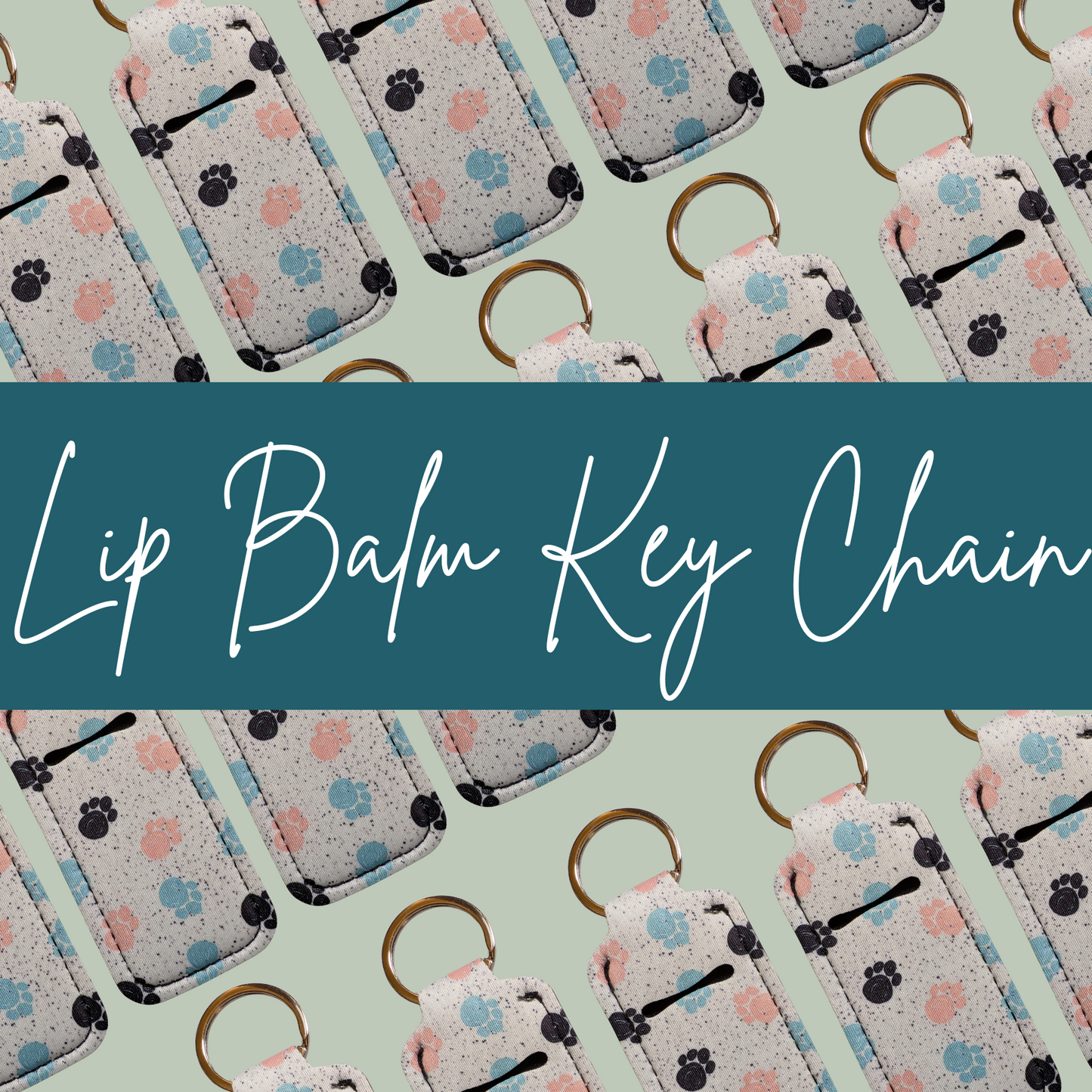 Lip balm key chains with paw print design on a light green background