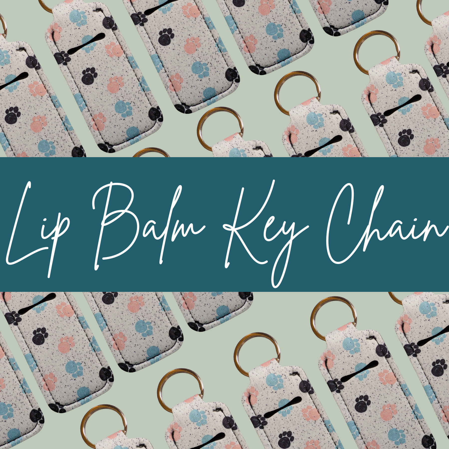 Lip balm key chains with paw print design on a light green background