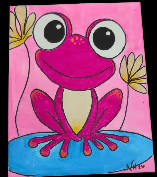 Colorful drawing of a pink frog on a pink background with flowers.