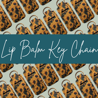 Pattern of lip balm key chains with a text overlay on a light green background