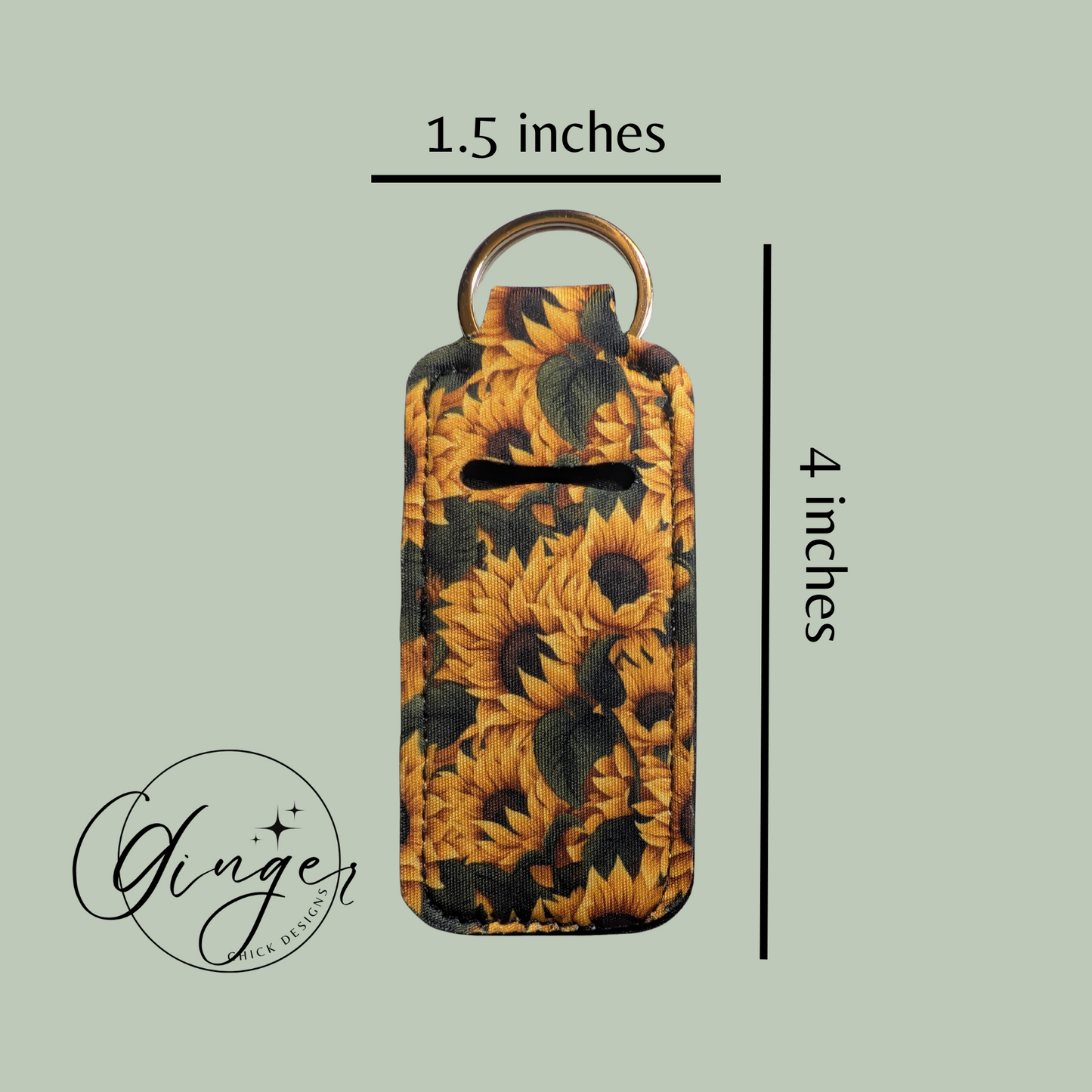 Sunflower-patterned keychain with measurements on a light green background