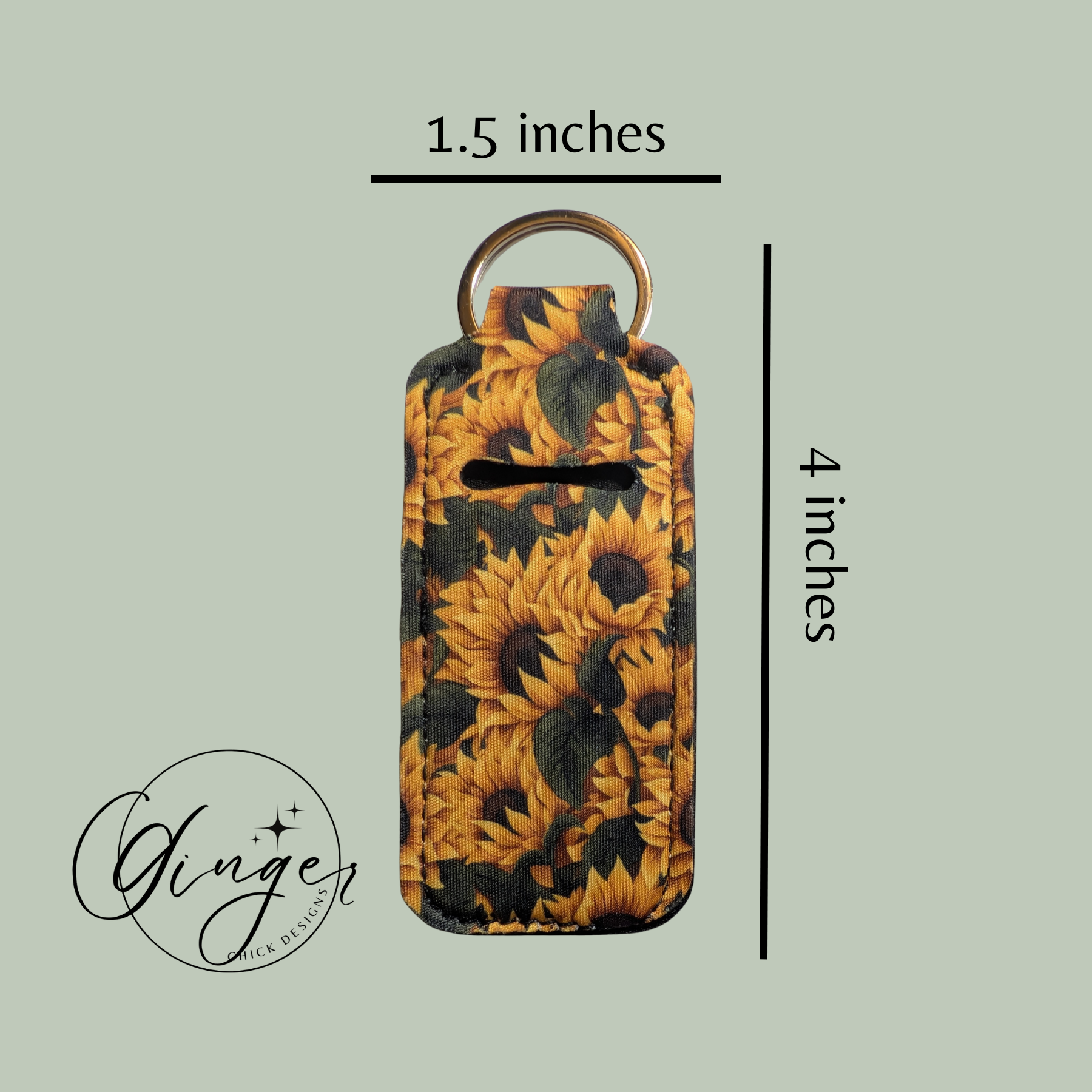 Sunflower-patterned keychain with measurements on a light green background