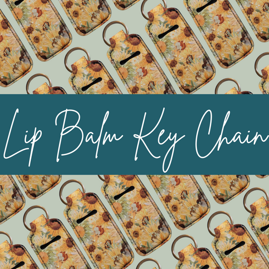 Pattern of lip balm key chains with a teal banner displaying 'Lip Balm Key Chain'.