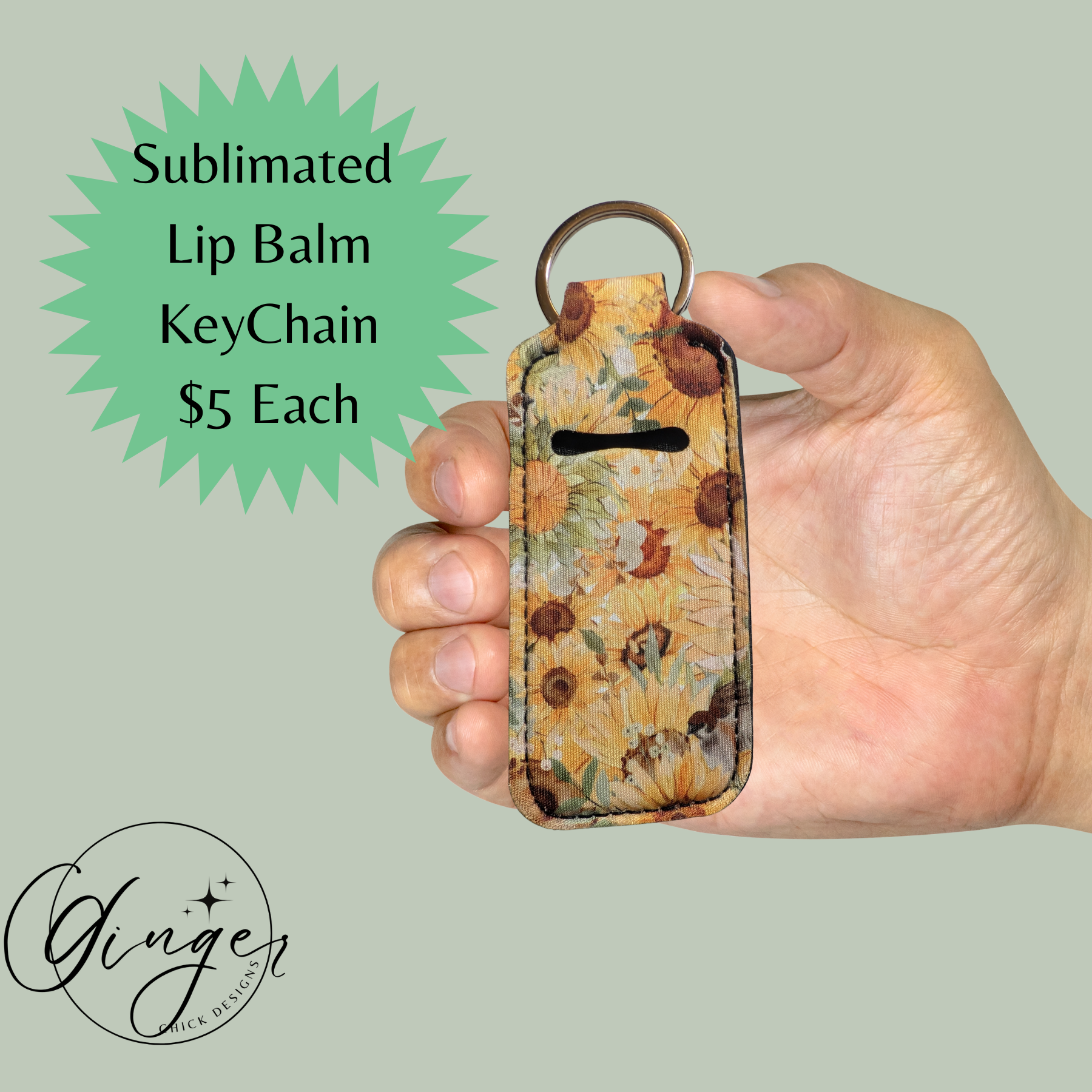 Hand holding a sunflower-patterned keychain with text about sublimated lip balm keychains and a price.