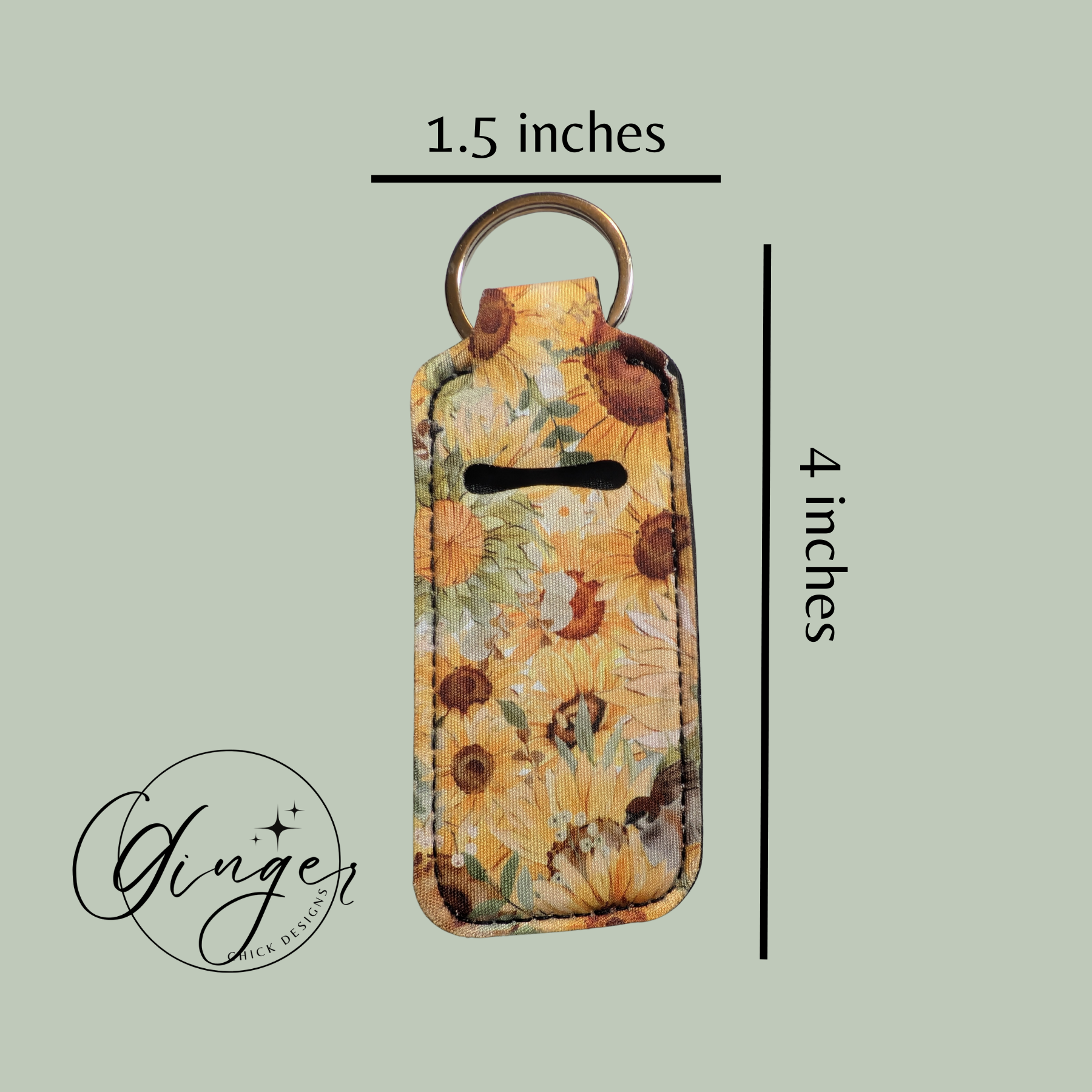 Sunflower patterned keychain with measurements on a light green background