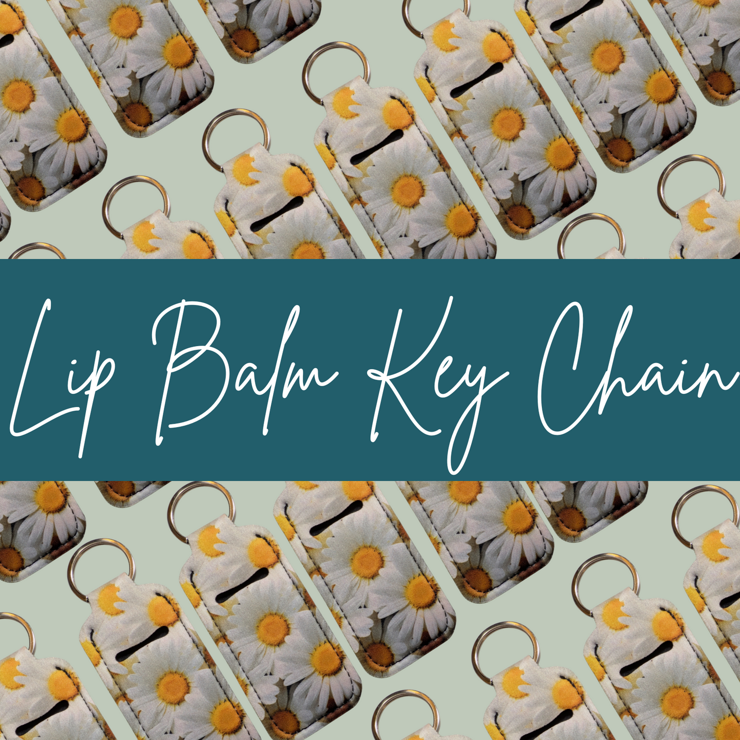 Lip balm key chains with daisy design on a light green background
