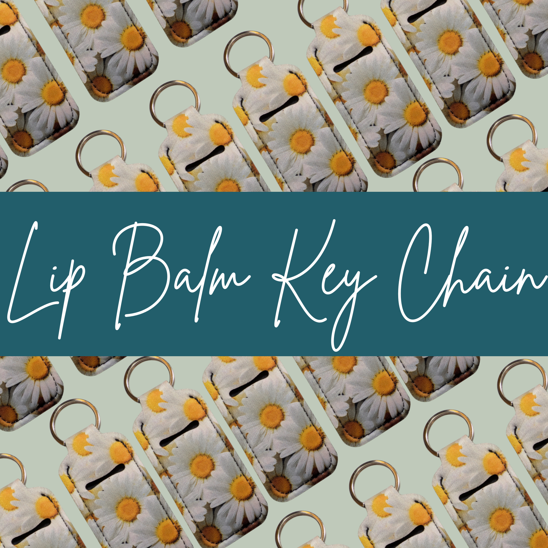 Lip balm key chains with daisy design on a light green background